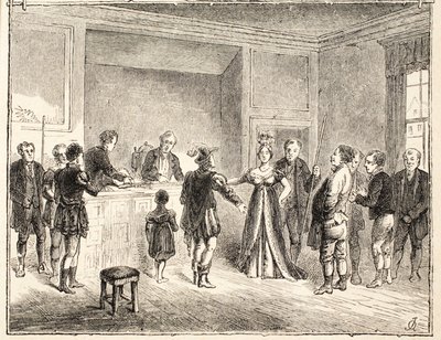 De Hand en Schaar, Een Zaak voor het Pie-Poudre Hof, naar een tekening uit 1811 door English School