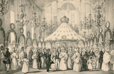De Hanover Square Rooms toen koningin Victoria de privévoorstelling van de fancy fair bezocht ten behoeve van buitenlanders in nood, gehouden op 19 juni 1833 door English School