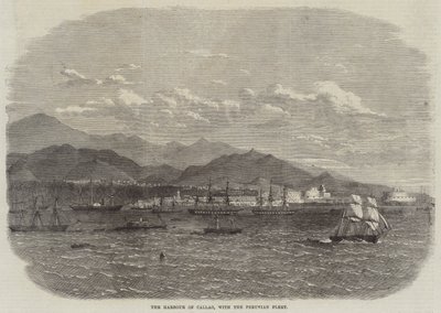 De haven van Callao, met de Peruaanse vloot (gravure) door English School