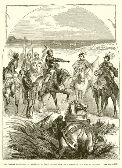 De heraut die een uitdaging tot enkelgevecht van Lord Huntly aan de hertog van Somerset overhandigt door English School