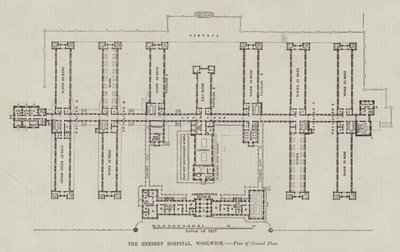 Het Herbert Ziekenhuis, Woolwich, Plattegrond van de Begane Grond (gravure) door English School