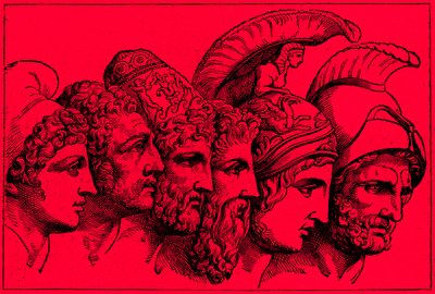 De helden van de Trojaanse oorlog: Paris, Diomedes, Odysseus, Nestor, Achilles, Agamemnon, illustratie uit De Geïllustreerde Geschiedenis van de Wereld, gepubliceerd ca. 1880 door English School
