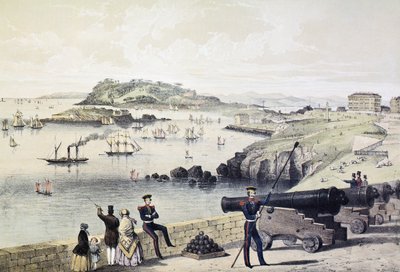 De Hoe, Drakes Island en Mt Edgecumbe vanaf het Citadel, gepubliceerd door Newman und Co door English School