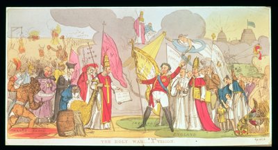 De heilige oorlog - Een visioen, satirische cartoon van de strijd voor katholieke emancipatie in Ierland, 1826 door English School