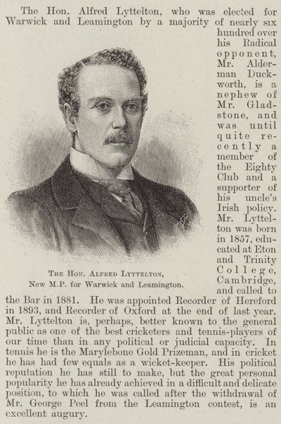 De Eerwaarde Alfred Lyttelton, nieuwe MP voor Warwick en Leamington (gravure) door English School