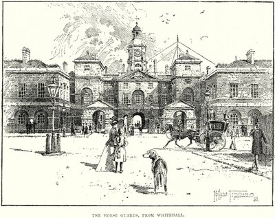 De Horse Guards, vanaf Whitehall (gravure) door English School