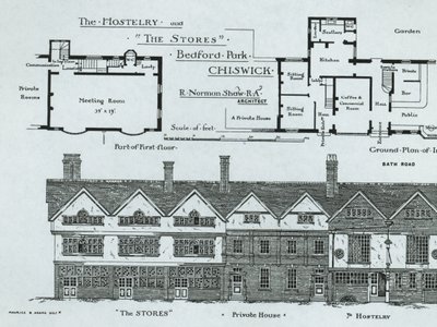 The Hostelry en The Stores, Bedford Park, Chiswick, uit The Building News, 1877 door English School