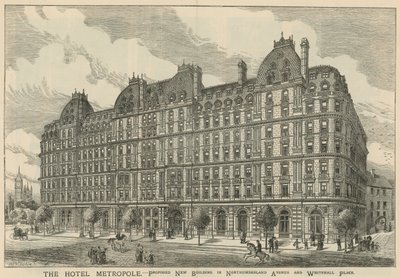 Het Hotel Metropole, voorgesteld nieuw gebouw in Northumberland Avenue en Whitehall Place door English School