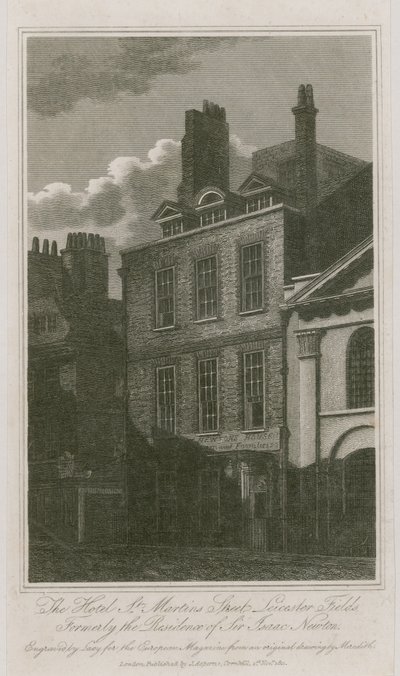 Het hotel, St Martins Street, Leicester Square, Londen; voorheen de residentie van Sir Isaac Newton door English School