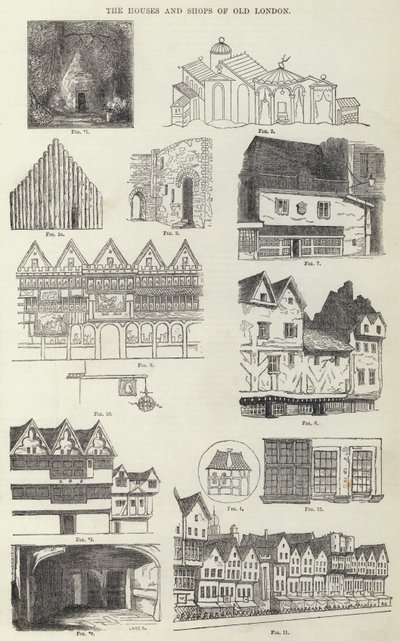 De Huizen en Winkels van Oud Londen (gravure) door English School