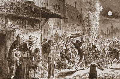 De Beeldenstormers in Bazel verbranden beelden en afgoden, illustratie uit De Geschiedenis van het Protestantisme door James Aitken Wylie, gepubliceerd in 1878 door English School