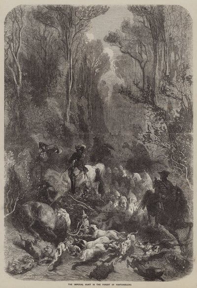 De keizerlijke jacht in het bos van Fontainebleau (gravure) door English School