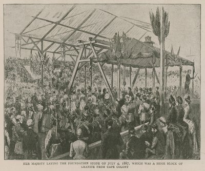 Het Imperial Institute: Hare Majesteit legt de eerste steen op 4 juli 1887, een enorme granieten blok uit Kaapkolonie door English School