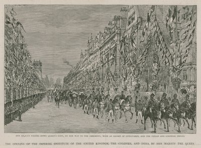 Het Imperial Institute: Hare Majesteit passeert Queens Gate op weg naar de openingsceremonie, met een escorte van Lijfwachten en de Indiase en Koloniale troepen door English School