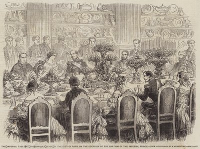 De keizerlijke tafel bij het banket gegeven door de stad Parijs ter gelegenheid van de doop van de keizerlijke prins (gravure) door English School