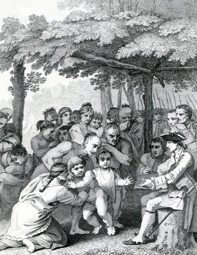 De Indianen die de Engelse gevangenen overhandigen aan kolonel Bouquet nabij zijn kamp bij de vorken van Muskingham in Noord-Amerika, gegraveerd door Canot, 1764 door English School