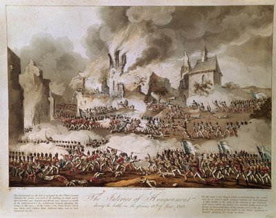 Het interieur van Hougoumont tijdens de slag op de glorieuze 18 juni 1815, gegraveerd door T. Sutherland, uitgegeven 1816 (aquatint) door English School