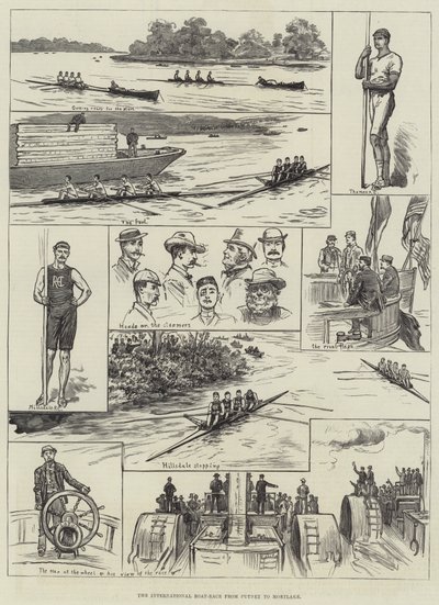 De internationale bootrace van Putney naar Mortlake (gravure) door English School