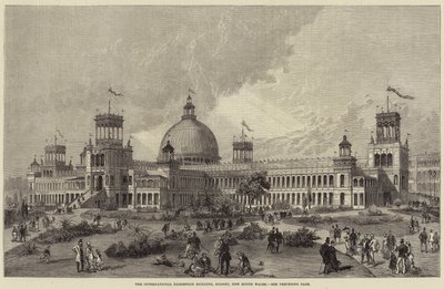 Het Internationale Tentoonstellingsgebouw, Sydney, New South Wales (gravure) door English School