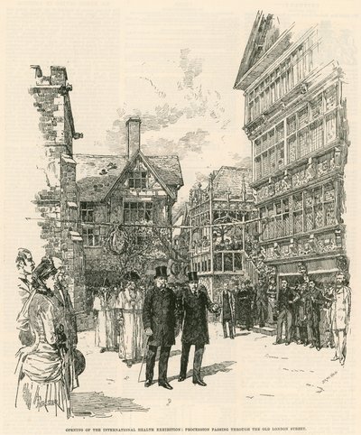De Internationale Gezondheidstentoonstelling in South Kensington: Processie door de oude Londense straat door English School