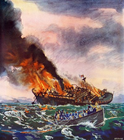 De Jervis Bay, gezonken 5 november 1940 (kleurenlitho) door English School