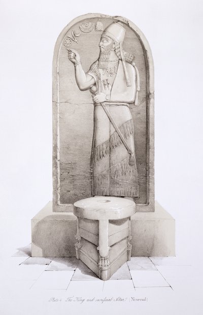 De koning en offeraltaar, Nimrud, plaat 4 uit Nineveh en zijn overblijfselen door Austen Henry Layard (1817-94) gepubliceerd 1849 door English School