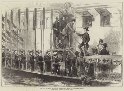 De koning van Griekenland ontvangen door de prins van Wales aan boord van HMS Serapis door English School