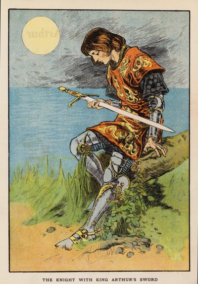 De ridder met het zwaard van koning Arthur (kleurenlitho) door English School