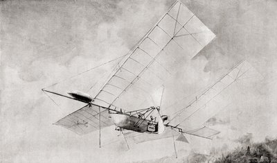 De Langley Aerodrome vliegmachine in vlucht in de 19e eeuw. Uit The Strand Magazine gepubliceerd 1897. door English School