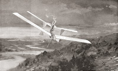 De Langley Aerodrome vliegmachine in vlucht in de 19e eeuw. Uit The Strand Magazine gepubliceerd 1897. door English School
