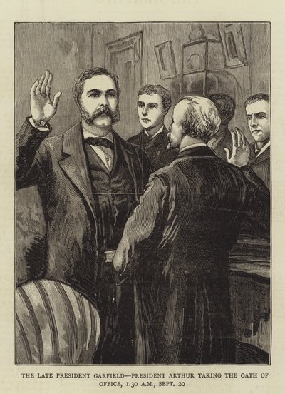 De overleden president Garfield, president Arthur legt de ambtseed af door English School