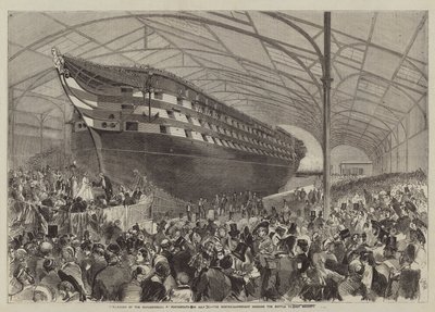 De Lancering van de Marlborough in Portsmouth op 31 juli, de Meester-scheepsbouwer overhandigt de Fles aan Hare Majesteit door English School