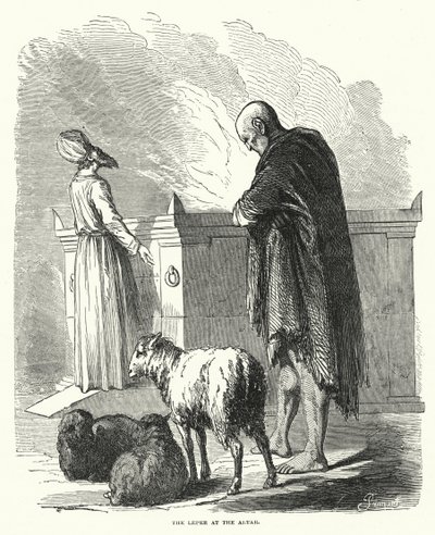 De melaatse bij het altaar (gravure) door English School