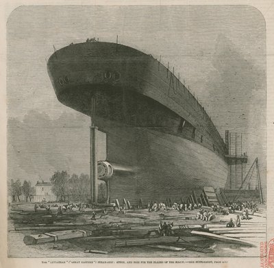 De Leviathan (Great Eastern) stoomschip; achtersteven en naaf voor de bladen van de schroef door English School