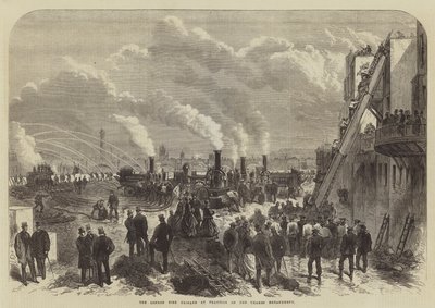 De Londense Brandweer aan het Oefenen op de Thames Embankment (gravure) door English School