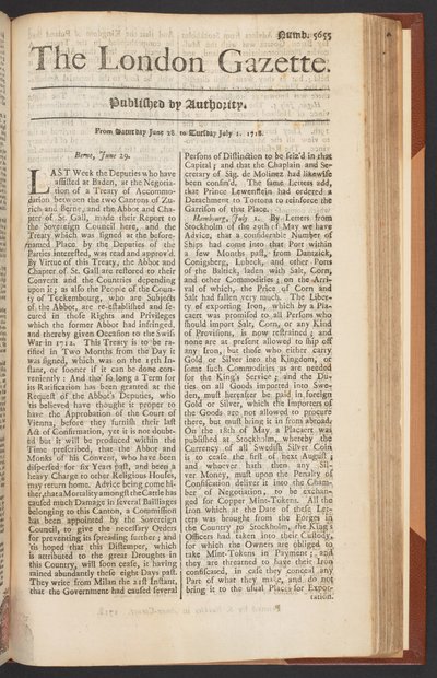 The London Gazette, uitgave 5655, pagina 1, 28 juni 1718 door English School