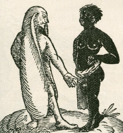De langoorige man berispt zijn dienaar. Langoorige mannen zouden in Afrika leven. Ze zouden slapen liggend op één oor met het andere als deken over hen heen. Uit The Strand Magazine gepubliceerd in 1897. door English School