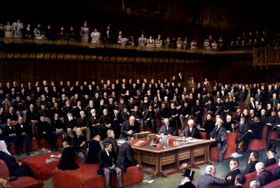 De Lord Chancellor op het punt om de vraag te stellen in het debat over Home Rule in het House of Lords, 1893 door English School