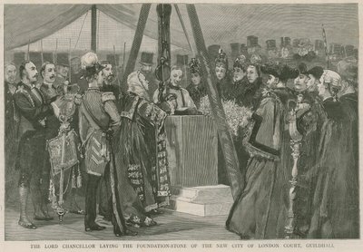 De Lord Chancellor legt de eerste steen van het nieuwe City of London Court, Guildhall door English School