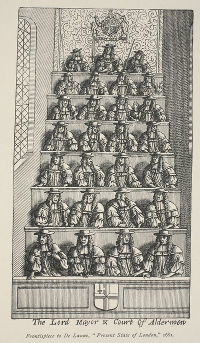 De Lord Mayor en het Hof van Schepenen, frontispice van De Launes Angliae Metropolis, 1681 door English School