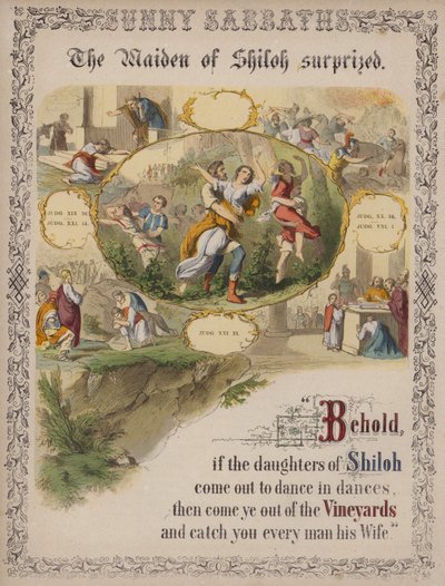 De Maagd van Shiloh verrast (gekleurde gravure) door English School