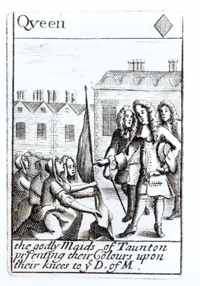 De dienstmeisjes van Taunton knielen voor de hertog van Monmouth, 18 juni 1685, schoppen vrouw speelkaart uit een set ter herdenking van Monmouths opstand door English School