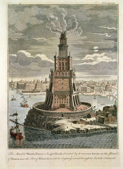 De marmeren wachttoren of vuurtoren opgericht door Ptolemaeus Soter op het eiland Pharos, bij de haven van Alexandrië (gekleurde afdruk) door English School