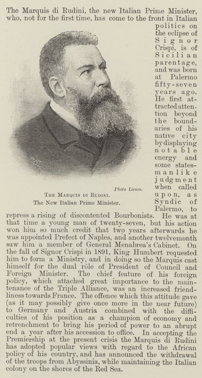 De markies di Rudini, de nieuwe Italiaanse premier (gravure) door English School