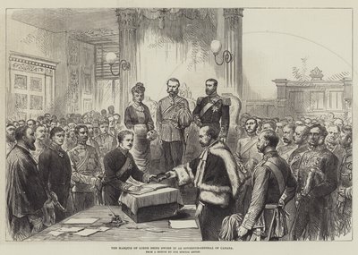 De markies van Lorne wordt beëdigd als gouverneur-generaal van Canada (gravure) door English School