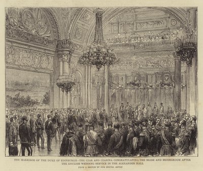 Het Huwelijk van de Hertog van Edinburgh, de Tsaar en Tsarina Feliciteren de Bruid en Bruidegom na de Engelse Huwelijksdienst in de Alexanderzaal door English School