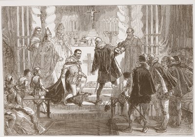 De Maarschalk van Polen eist de eed van de hertog van Anjou, illustratie uit De Geschiedenis van het Protestantisme door James Aitken Wylie, 1878 door English School