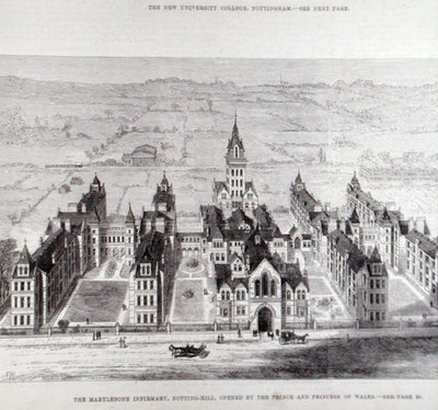 Het Marylebone Ziekenhuis, Notting Hill, Geopend door de Prins en Prinses van Wales, uit The Illustrated London News, 7 februari 1881 door English School
