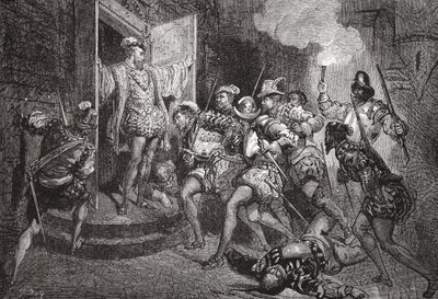 De Bloedbruiloft: aanval op de woning van Coligny, illustratie uit De Geschiedenis van het Protestantisme door James Aitken Wylie, gepubliceerd in 1878 door English School