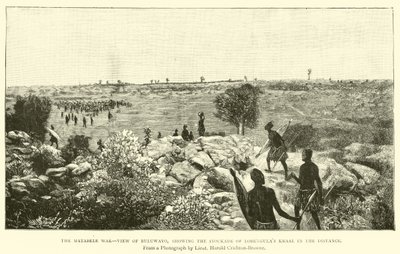 De Matabele Oorlog, uitzicht op Buluwayo, met de omheining van Lobengula